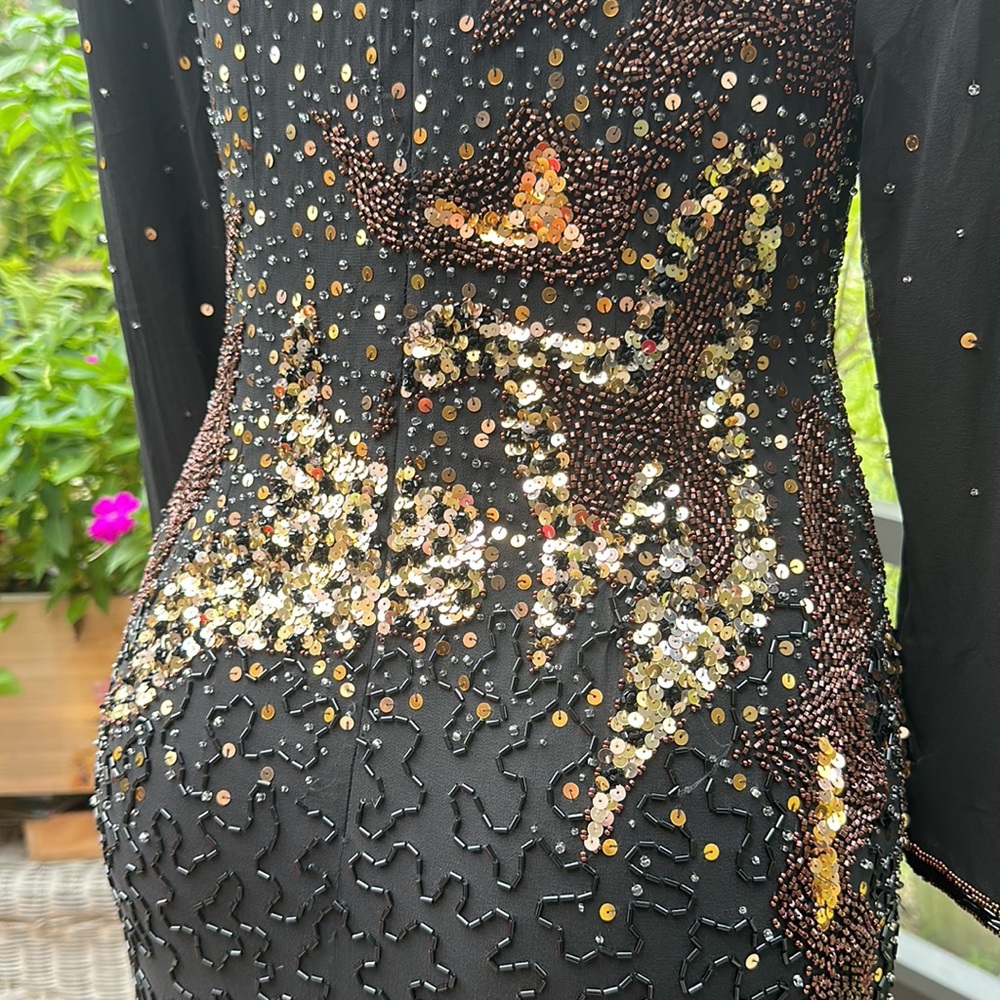Vintage 80s A.J. Bari Size 6 Black Silk Sequin Beaded Illusion Dress - Picture 8 of 12